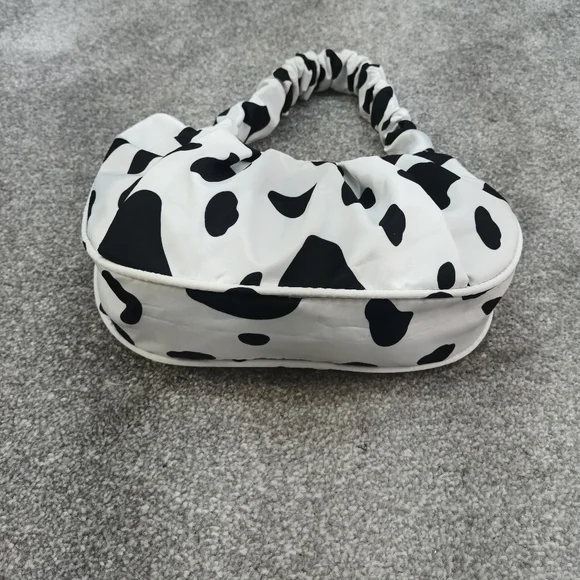 BLACK WHITE COW PRINT HANDBAG SHOULDER BAG Y2K POLYESTER RUCHED CARRY - Picture 2 of 5